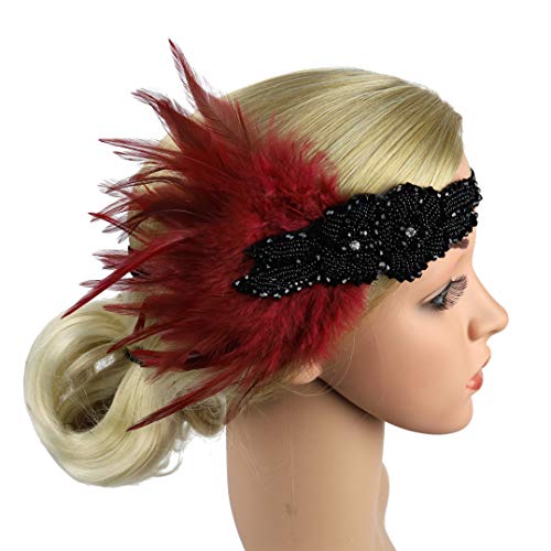 Lovfingu Roaring 20s Flapper Headband with Red Feathers - Great Gatsby Style