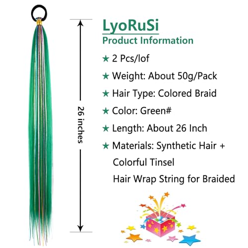 26 Inch Green Ponytail Extensions with Hair Tie - Pack of 2, Straight Wrap Around Synthetic Hair