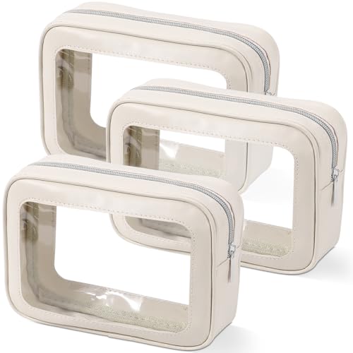 White 3Pcs Clear TSA Travel Makeup & Toiletry Bag Set, Zipper Organizer Pouches
