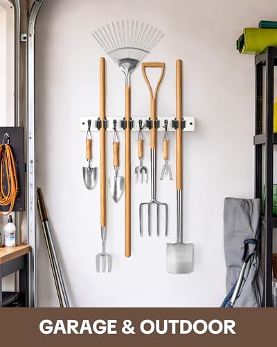 Lorbro Broom Holder Wall Mount - 2 Pack Wooden Organizer with 4 Slots & Hooks