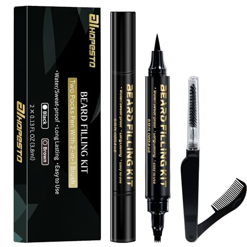 AIHOPESTO Brown Beard Pen Filler for Men with Double Head Brush & 4 Tip for Natural Full Beard