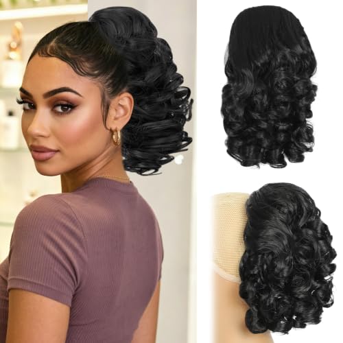 14” Black Wavy Curly Drawstring Ponytail Extension for Women
