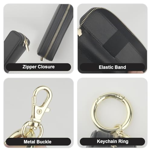 Bocasal Black Leather Lipstick Holder Pouch with Keychain