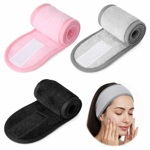 3-Pack Adjustable Facial Spa Headbands for Women - Soft Flannel Hair Wrap