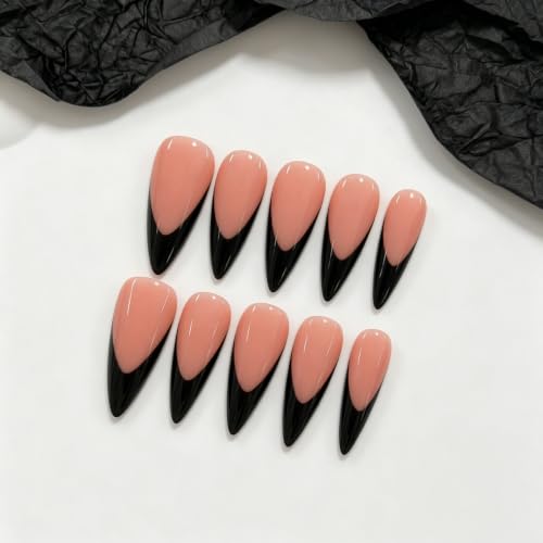 Handmade Long Stiletto Press-On Nails - Glossy Black French Tip Design