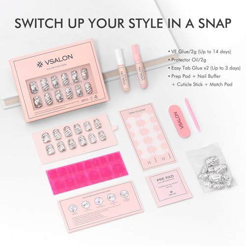 VSALON Short Square Press-On Nails C2-Iron Women Silver Metallic Chrome 3D