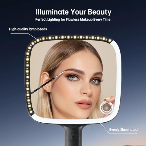 LOGUBYE Black Lighted Hand Mirror with 3 Light Colors, 6.2'' x 5.9'' Portable Makeup & Vanity Mirror