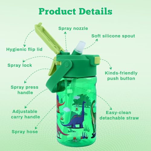20oz Kids Water Bottle with Straw - Leak-Proof, Misting & Pop-Up Spout, Dinosaur Design