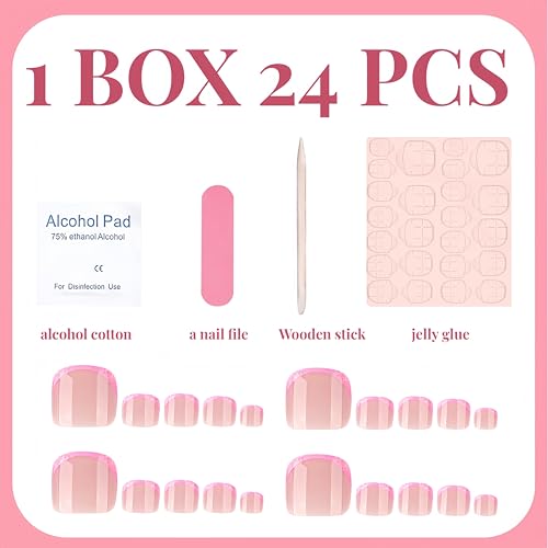 24 Pcs Pink French Tip Press On Toenails - Glittery Full Cover
