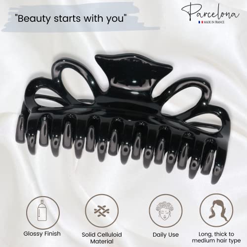 Parcelona French Double Loop Hair Claw Clip 4.25 Inch Celluloid Acetate Black