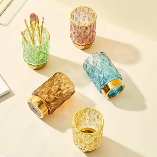 Green Makeup Brush Holder Organizer Glass with Gold Base - Multifunctional Vanity Storage