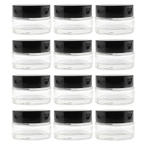 Cornucopia Brands 15ml Clear Glass Cosmetic Jars with Black Lids (12 Pack)