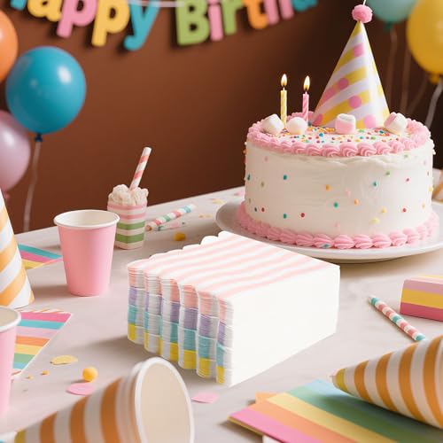 100 Pastel Striped Disposable Cocktail Napkins - 5x5 Inches Scalloped Design for Parties