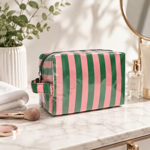 Fozira Green & Pink Striped Waterproof Makeup & Cosmetic Bag - Travel Organizer