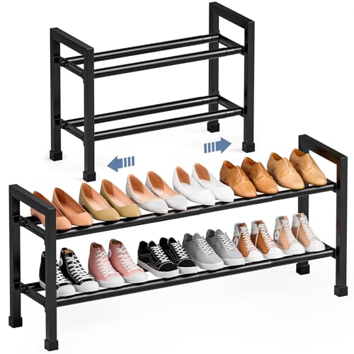 Adjustable 2-Tier Expandable Shoe Rack - Black Steel Organizer