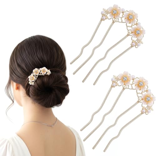Gold French Hair Pins for Women - 2pcs Pearl Flower Bun Clips