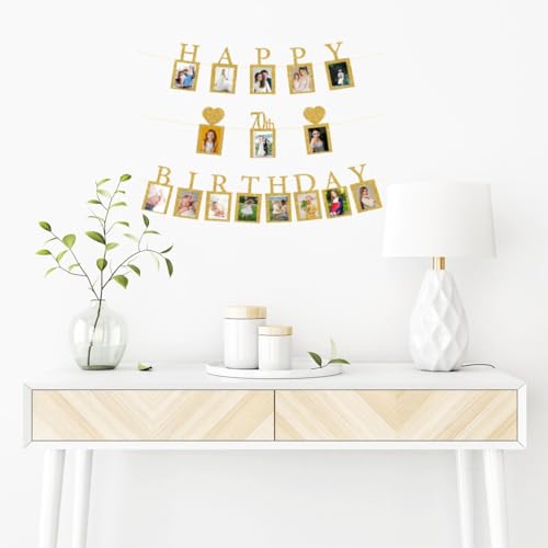 Happy 70th Birthday Photo Banner with 16 Frames - Gold Glitter Party Decor