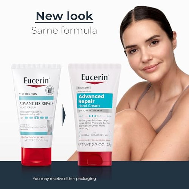 Eucerin Advanced Repair Hand Cream, Urea Enriched, Unscented Moisturizer for Dry Hands With Triple Moisturizing Complex, Travel Size Hand Cream, 2.7 OZ Tube, Pack of 3