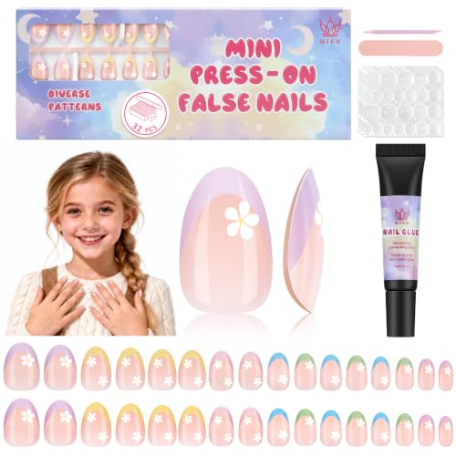 QIEK Colorful Flower Kids Press On Nails - 16 Sizes, Safe & Easy to Apply - A-Colorful Flower