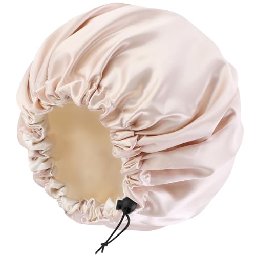 Edoneery Champagne Satin Double Layer Sleep Bonnet for Women, Adjustable Hair Cap