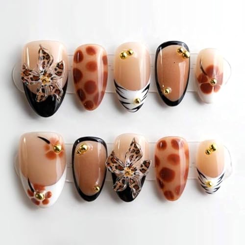 BDKAIWU 3D Flower Black Nude White Brown Short Press On Nails Fake Tips with Gold Pearl & French Design, 24 Pcs