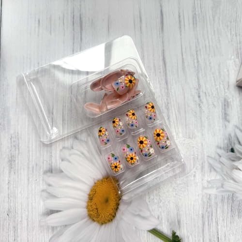 Diowino Short Press-On Nails with Flower & Insect Design, Sunflower & Bee Acrylic Manicure Tips, 24 pcs