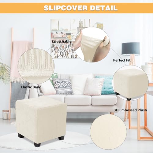 NeColorLife Small Square Ottoman Cover - Stretch Jacquard Slipcover in Beige