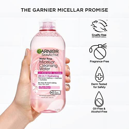 Garnier Micellar Water with Rose & Glycerin, 13.5 Fl Oz (Pack of 2) - Hydrating Facial Cleanser & Makeup Remover for All Skin Types