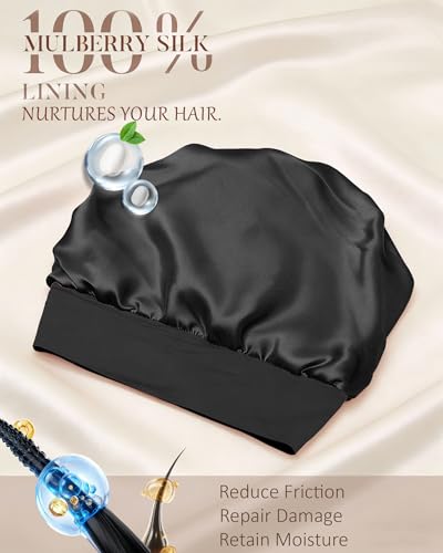 ROYBENS Medium Black 100% Mulberry Silk Sleeping Bonnet for Hair Care
