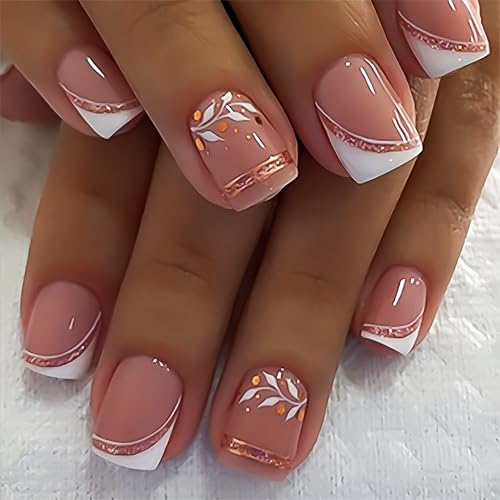 24 Pcs Short Square Press on Nails - Rose Gold Glitter French Tips