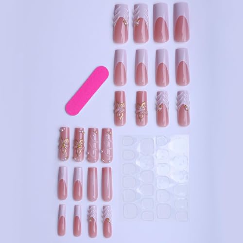 Press On Nails - Long Square Acrylic Kit with 3D Flowers & Gold Charms