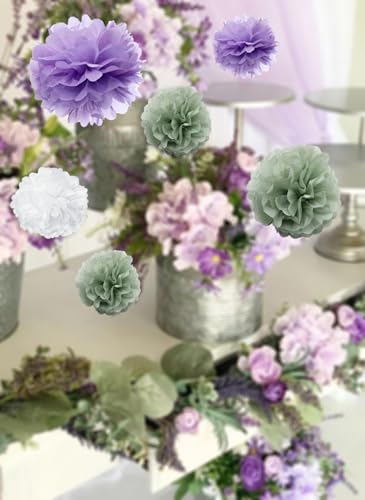 Sage Green & Lavender Tissue Paper Pom Poms - 9-Pack Party Decor