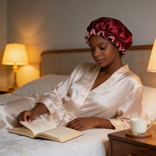 Double Layer Satin Bonnet for Sleeping Women - Wide Elastic Hair Cap