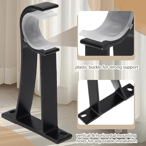 Heavy Duty Curtain Rod Brackets - 8 Pack Black Holders for 1" Rods
