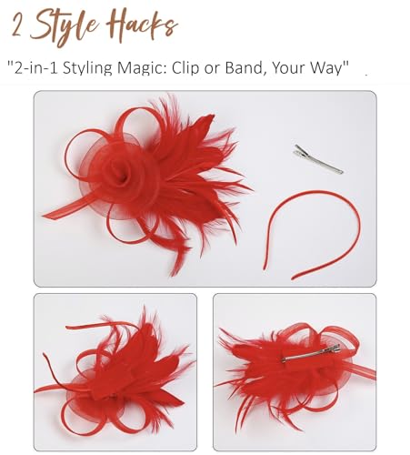 Red Fascinators Hats for Women Tea Party & Wedding Headwear - WOVOWOVO