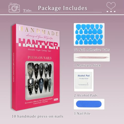 Hantyer Black Grey Press on Nails with 3D Carving Flowers & Charms, Long Stiletto, Size M, Reusable Gothic Fake Nails for Women
