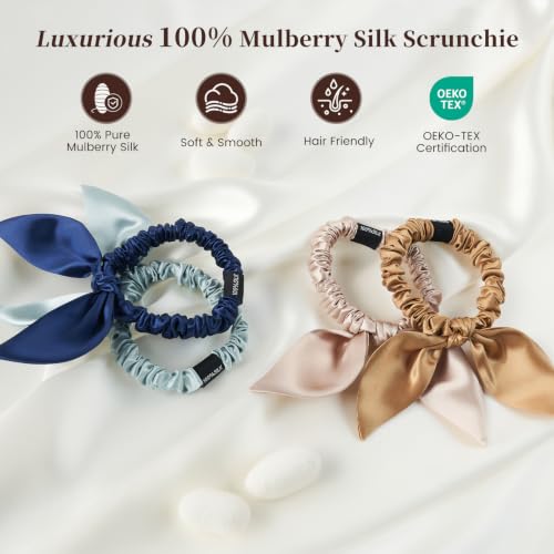 THXSILK Mulberry Silk Scrunchies with Bow for Women - White