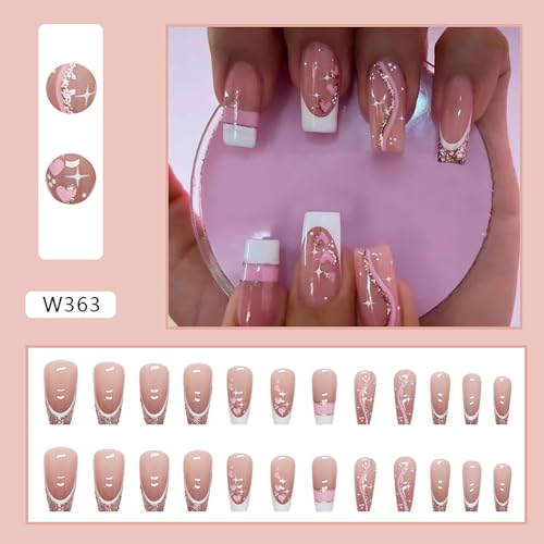 TBRZTR Press on Nails Square Medium Pink Love Heart Stars False with