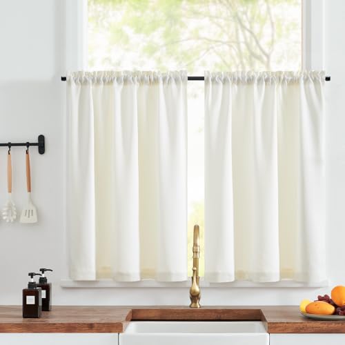 Faux Linen Kitchen Curtains - 36 Inch Farmhouse Tier Drapes, White (2 Panels)