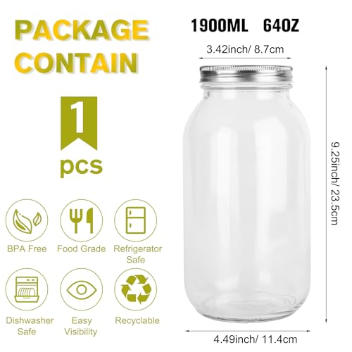 64oz Wide Mouth Mason Jar with Lid – Food Safe Glass Storage