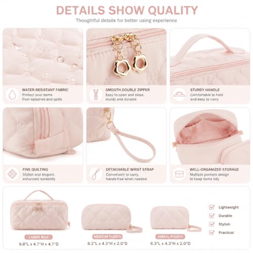 Pink Embroidery Puffer Travel Makeup Bag - Women’s Cosmetic Organizer