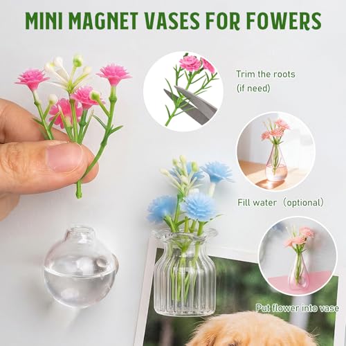 Mini Glass Vase Magnets with Artificial Flowers - Set of 8