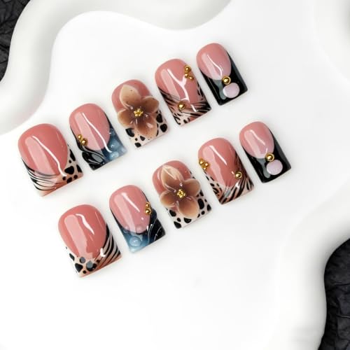 D-387-8 S: 10pcs Flower Leopard French Tip Press On Nails – Short Square Acrylic