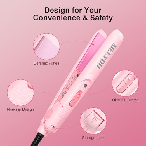 MELYDO Pink Mini Travel Flat Iron 0.7 Inch Hair Straightener & Curling Iron
