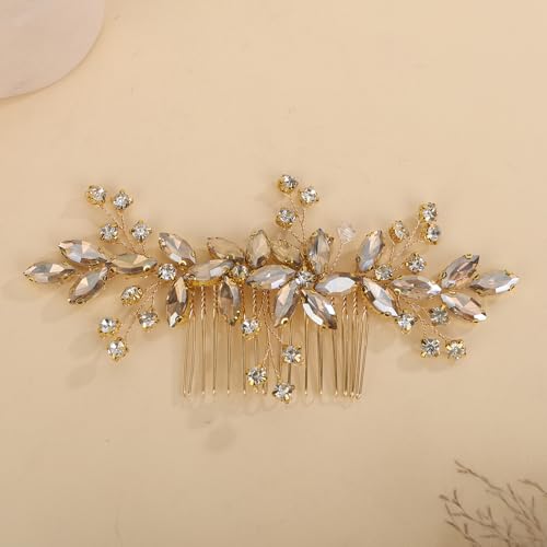Champagne Crystal Gold Hair Comb for Women - Handmade Bridal Headpiece