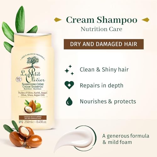 Le Petit Olivier Nourishing Cream Shampoo with Olive, Shea & Argan Oils - Repairs Dry Damaged Hair - 8.45 oz