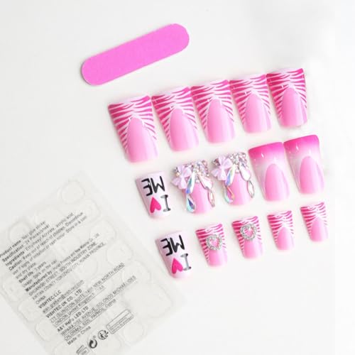 Press On Nails Duck Shaped Full Cover Acrylic Fake Nails with Charms & Designs - Medium, Glittery, for Women & Girls, Variation: Heart Bow Rhinestone & Letter