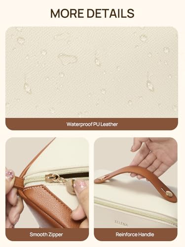 Telena Beige Leather Makeup Bag - Waterproof Travel Cosmetic Organizer with Handle & Divider