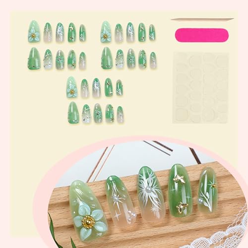 NZRAESTRS 3D Flower Nails - Green Almond Press-On Nails 30pc with 3D Beads, Butterfly & Pearl Decoration (Variation: 3D Flower Nails-2)