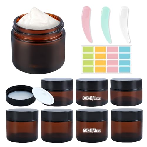 8-Pack Amber Glass Cosmetic Jars, 1oz & 2oz Leak-Proof Travel Containers